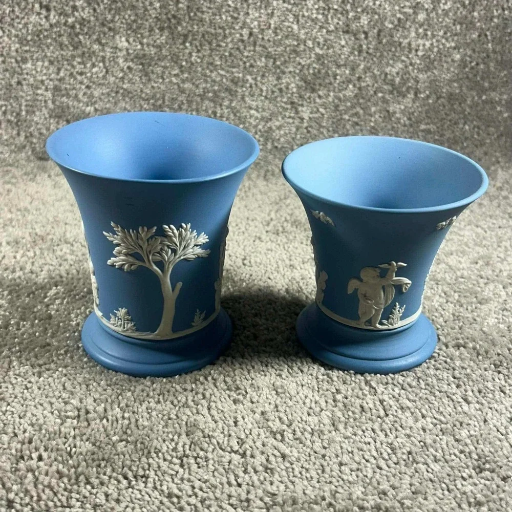 Wedgwood Jasperware Vases Blue White Neoclassical Trumpet Pair England